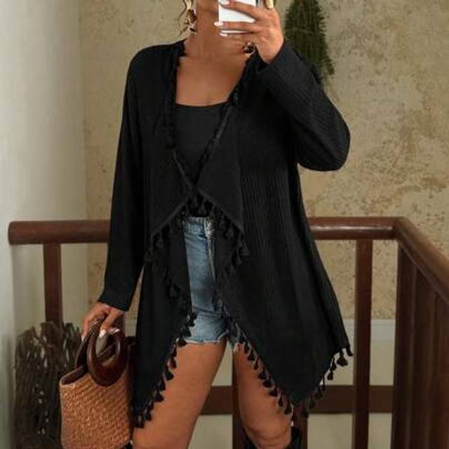 Travachic Plus Size Women Casual Loose Tassel Trim Cardigan, Long Sleeve Thin Open Front Outwear Black Cardigan Summer Cardigan For Women Black Coverups For Wom