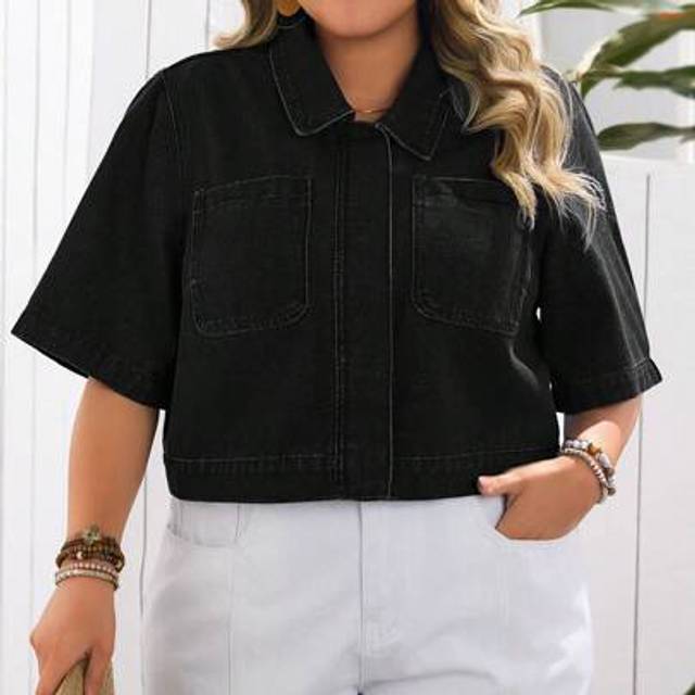 SHEIN Plus Size Casual Vacation Washed Denim Jacket