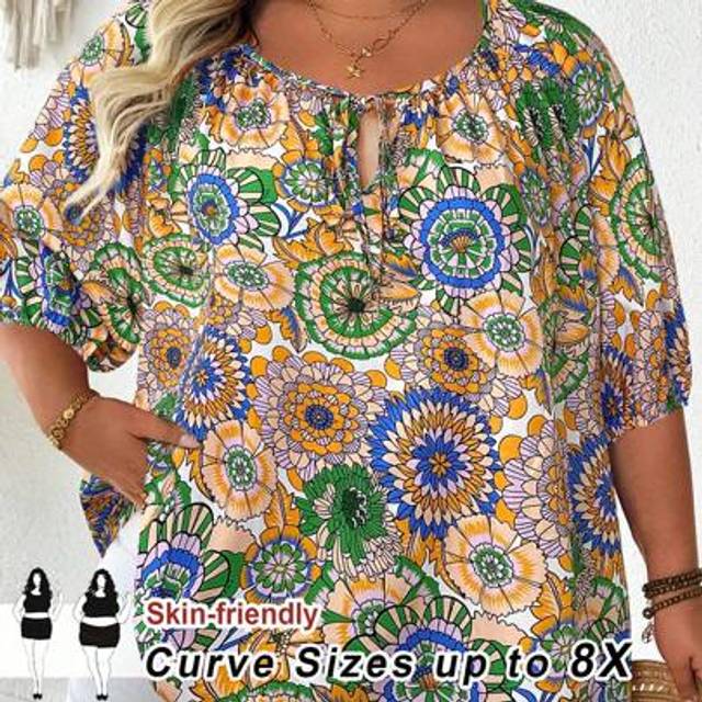 SHEIN Plus Floral Print Tie Neck Blouse For Summer Vacation,Curve Plus ,Hoho Vacationsummer/Country/Beach Vacation Outfits/Beach Outfits/Beach Wear
