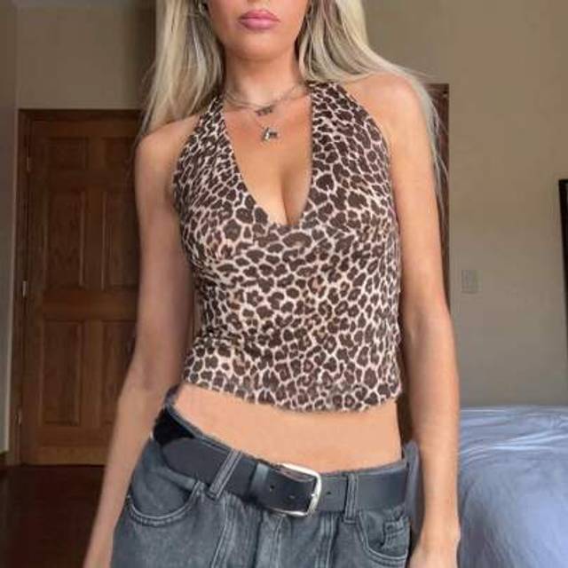 SHEIN Women Leopard Print Halter Tops Slim Low Cut Sleeveless Open Back Tank Shirts Summer Streetwear