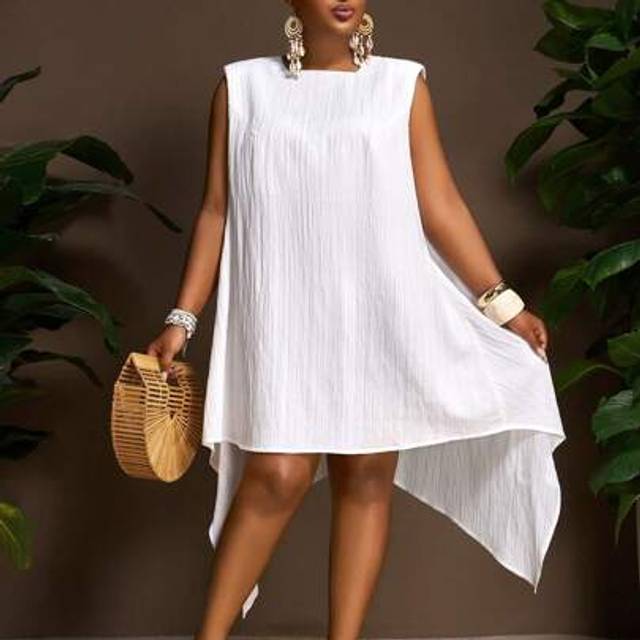 Veslaya 2025 Spring/Summer New Casual Elegant Commuter All-Match Versatile White Textured Asymmetrical Hem Loose Short Dress In Plus Size For Women