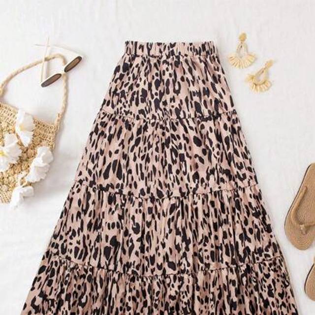 SHEIN Women&#39;s Casual Leopard Print Tiered Hem Elastic Waist A-Line Skirt, Spring/Summer/Autumn