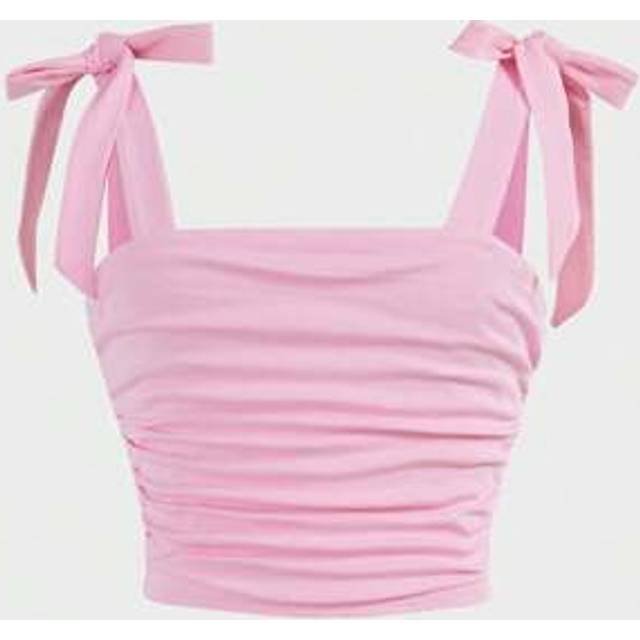 SHEIN Tween Girl Elegant Solid Fitted Sweet Bow-Knot Tie Shoulder Side Ruched Cami Tank Top