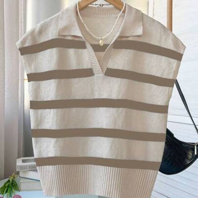SHEIN FOR BEAUTY Spring And Summer New Style Lapel Retro Striped Color Blocked Sleeveless Knitted Sweater For Women, Loose Casual Pullover Top For Commuting