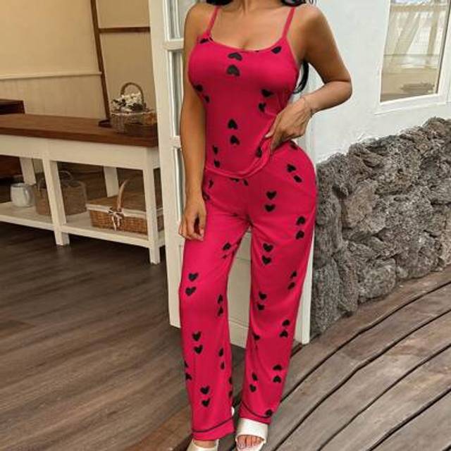 SHEIN Women&#39;s Heart Pattern Knit Camisole & Lounge Pants Sleepwear Set, Comfortable For All Seasons