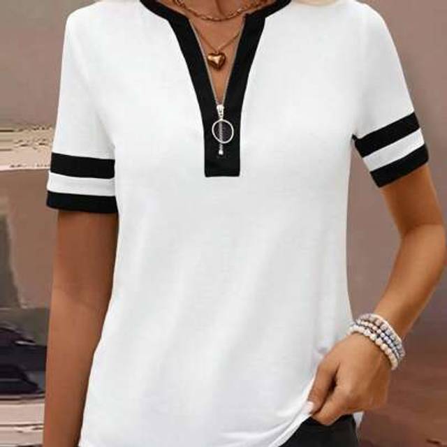 SHEIN Zipper Half Placket Striped Short Sleeve T-Shirt Graphic Tees Women Tops