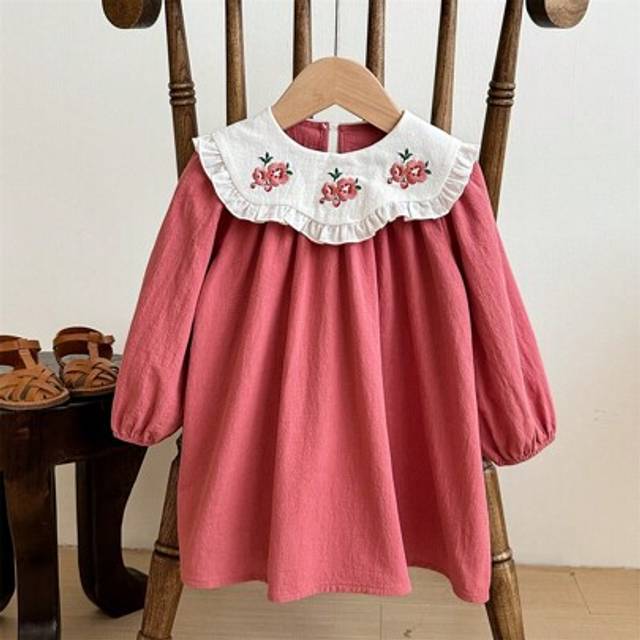 SHEIN Babygirl Cute Patchwork Floral Embroidery Pattern Loose Dolly Collar Long Sleeve Summer Vacation Dress