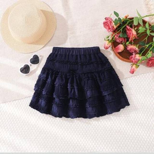 SHEIN 1pc Girls Ruffle Hem Cake Style A-Line Skirt, Suitable For Travel, Outing, Party, Outdoor Ruffle Skirt Tween Navy Blue Skirt Tween Kids Navy Blue Skir