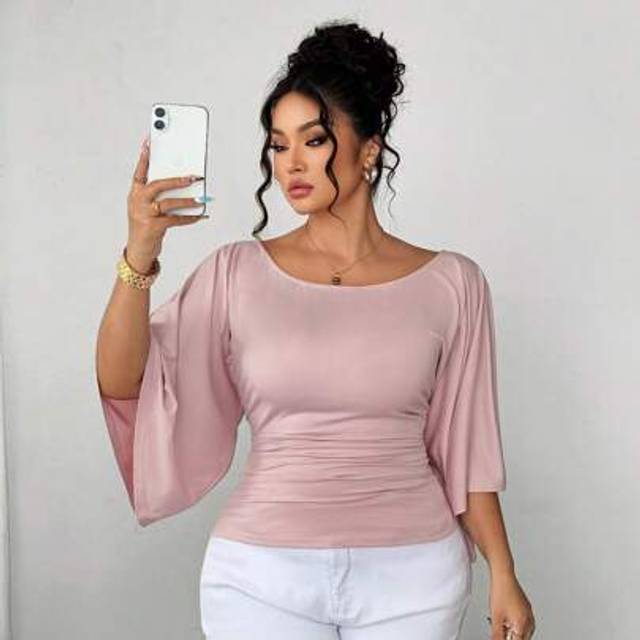 SHEIN Plus Size Women&#39;s Knitted High Stretch Bell Sleeve Round Neck Solid Color Elegant T-Shirt