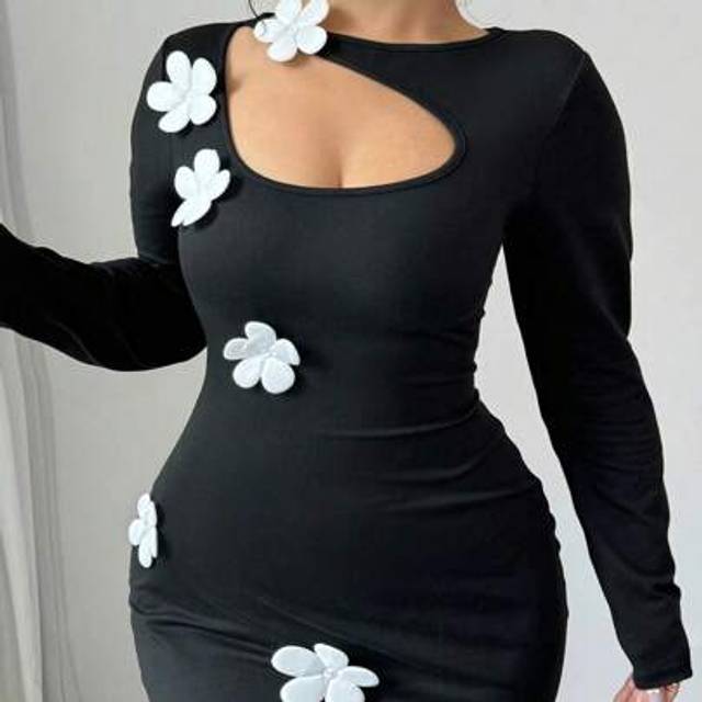 SHEIN Women Plus Size Sexy & Elegant Hollow-Out 3D Floral Decor Round Neck Long Sleeve Maxi Dress, Formal Evening Party/Date, Autumn