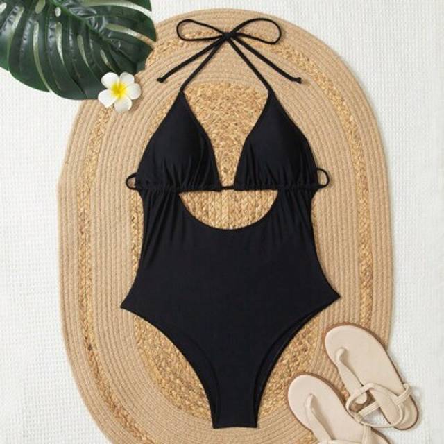 SHEIN New Women One-Piece Swimsuit, Conservative & Simple Black Nylon One-Piece Swimwear, Tummy Control, Hollow Lace-Up Design, Suitable For Vacation, Party
