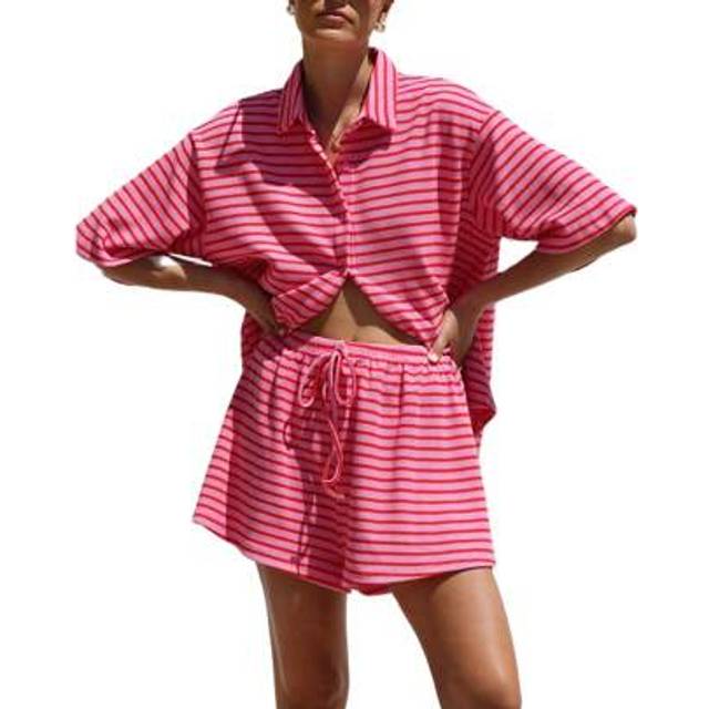 SHEIN Womens 2 Piece Casual Tracksuit Outfit Sets Stripe Long Sleeve Shirt And Loose High Waisted Mini Shorts Set