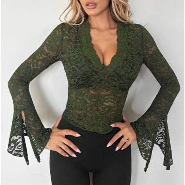 SHEIN Women&#39;s V-Neck Sexy Lace Sheer Bell Sleeve Blouse 4th Of July Women Outfits Back To School Cute Summer Tops