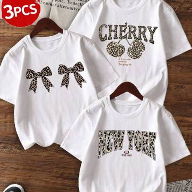 SHEIN Three Piece Girls&#39; Casual Printed Round Neck Pullover Short Sleeved T-Shirt For Summer Students - Leopard Print Cherry Bow Colorful T-Shirt Brings Joy
