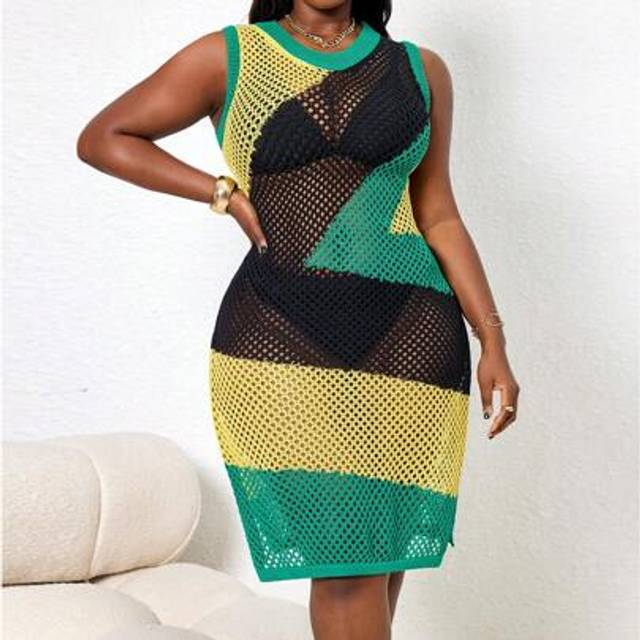 Slaydiva Plus Size Women Color Block Hollow Out Sleeveless Maxi Cover Up, Casual Beach Swimwear Cover Up For Summer