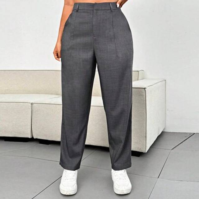 Flirla Plus Size Women Casual Dark Grey Slim Minimalist Style Office Pants Graduation,Back To School,Teacher Outfits For Women
