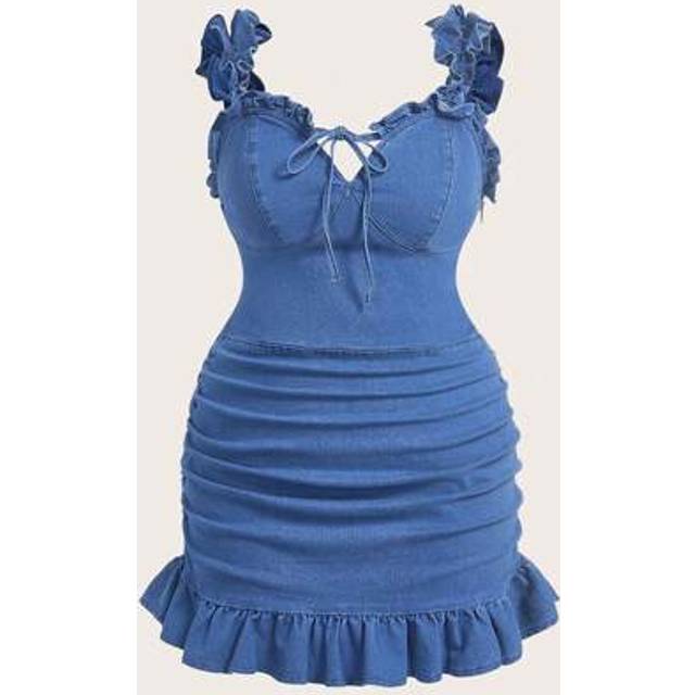 SHEIN Plus Size Women&#39;s Ruched Front Tie Wrap Denim Dress For Summer