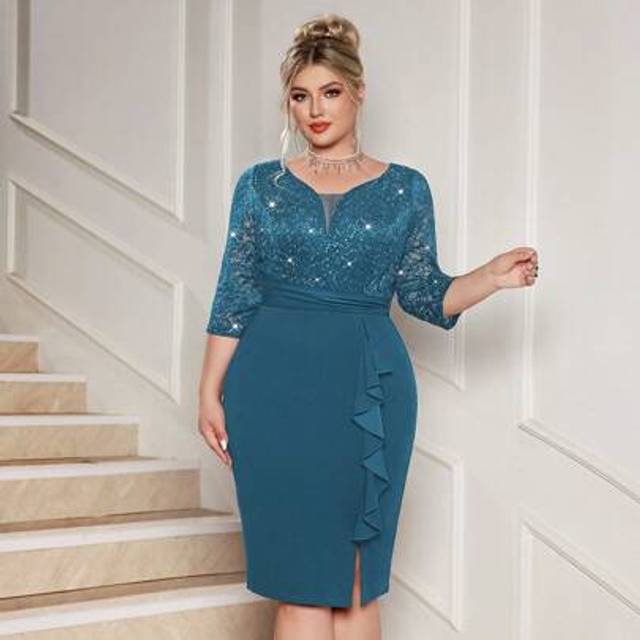 SHEIN Plus Deep V-Neck Sequin Floral Lace Contrast Ruffle Trim Split Hem Evening Party Bodycon Dress, Semi Formal Wedding Guest Dress, For Birthday, Graduat