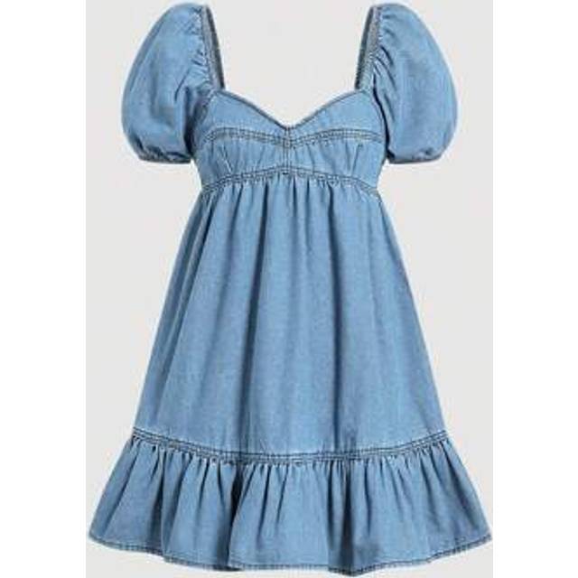 SHEIN Women&#39;s Denim Wrap Dress With Puff Sleeves, Mini Fit, Blue,Summer Outfits For Women,Business Casual Woman,Elegant,Easter Dress Women,Cowgirl Outfits F