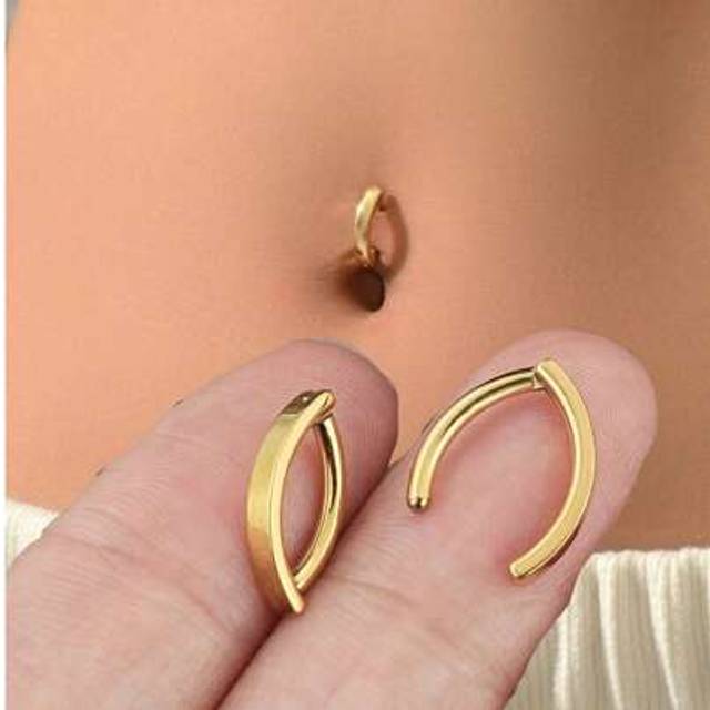 SHEIN 1pc Golden Belly Button Ring Dangle, Clicker Belly Rings For Women, Surgical Stainless Steel CZ Belly Button Piercing, Reverse Navel Rings Body Jewelr