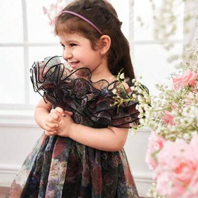 SHEIN Cute & Elegant Floral Print Organza Ruffle Trim Babydoll Dress