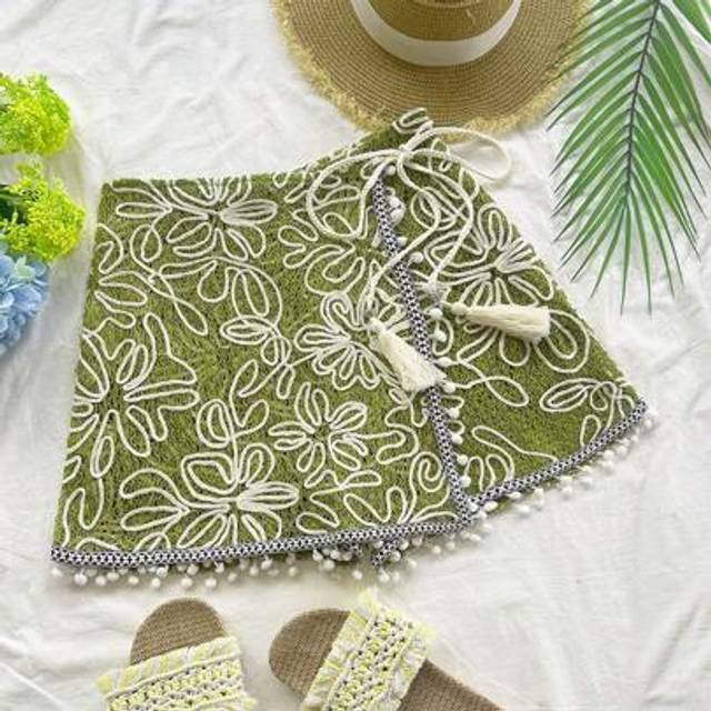 Soleia Women Green Embroidered Textured Fabric Splicing Lace-Up Shorts, Ideal For Holiday, Wedding, Party, Date, Afternoon Tea, Music Festival, Beach, Summer