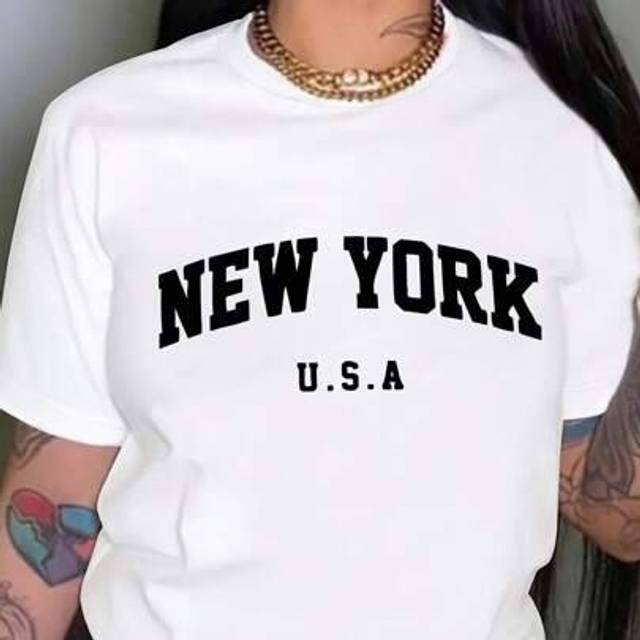 SHEIN Letter Print Round Neck Casual Loose Fit Short Sleeve T-Shirt Top, Knitted Fabric, Women