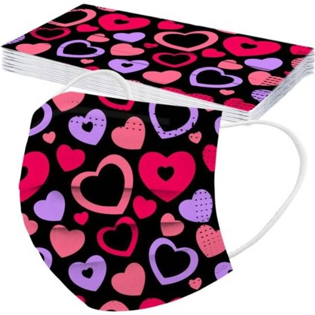 (Heart A) Women Face Mask Disposable 3Ply Floral Print Adult Protection Mouth Mask 10Pcs