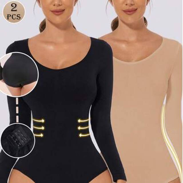SHEIN 2pcs Women&#39;s Long Sleeve Shapewear Bodysuit, Tummy Control, Seamless, Casual Daily Wear