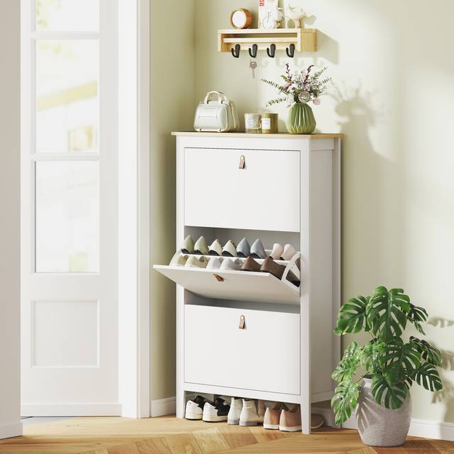 HOMCOM 3 Drawer Shoe Cabinet with Flip Doors for Hallway Entryway White