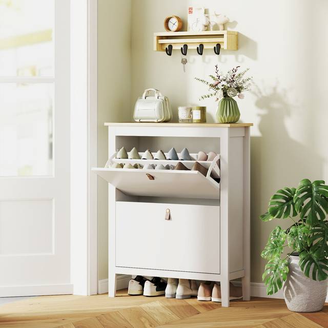 HOMCOM 2 Drawer Shoe Cabinet with Flip Doors for Hallway, Entryway, White, White