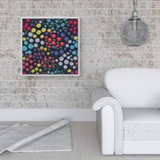Multicoloured Flower Pattern Framed Canvas - Off White - W16 inch x H16 inch
