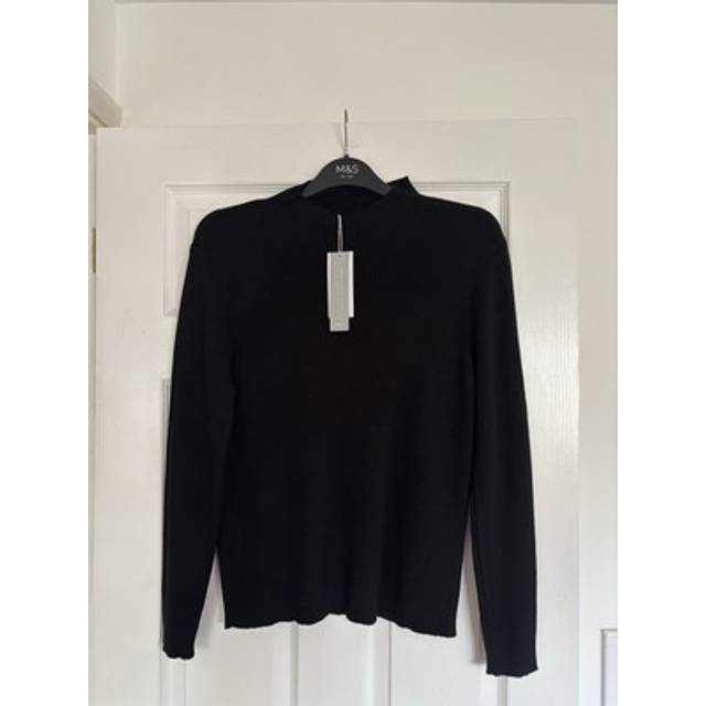 Marks & spencer womens merino wool cotton blend black ribbed jumper size 18