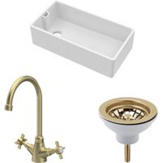 Fireclay Kitchen Bundle - Single Bowl Belfast Sink, Strainer Waste & Mono Crosshead Handle Tap, 895mm - Brushed Brass - Balterley