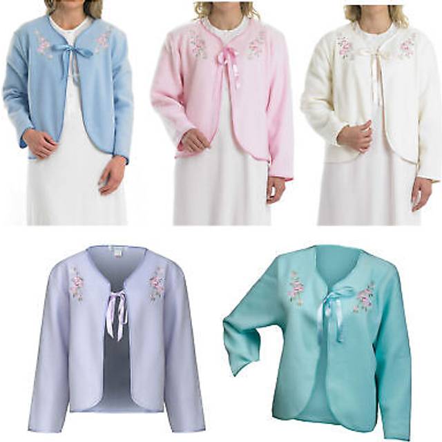 (Vanilla, UK 20/22) Slenderella Ladies Polar Fleece Floral Detail Ribbon Tie Bed Jacket
