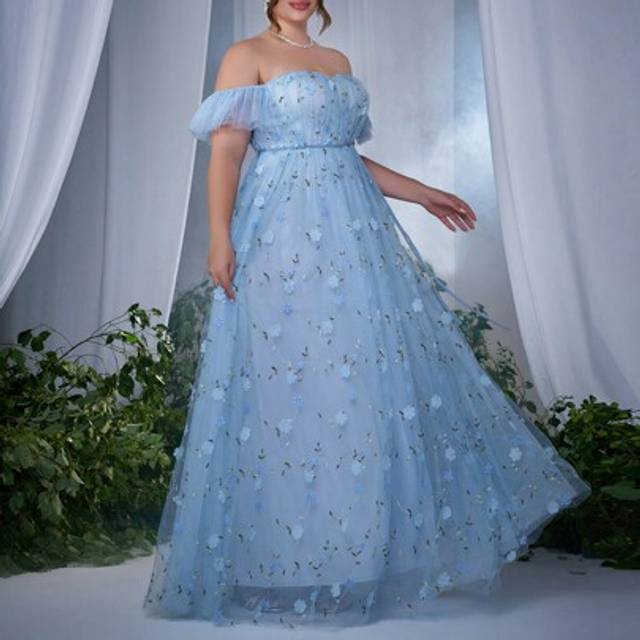 SHEIN Plus Size Off Shoulder 3D Embroidery Pleated Tulle Wedding Dress With Flared Hem Bridesmaid Dress