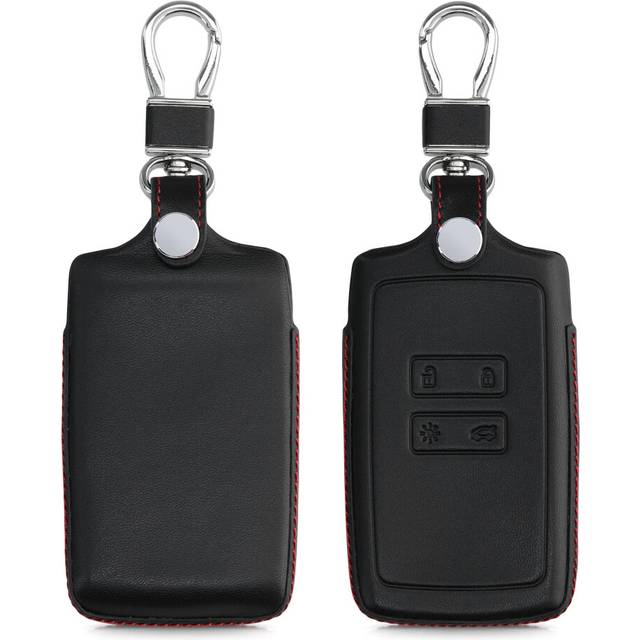 Key Cover Compatible with Renault 4 Button Car Key Smart Key (only Keyless Go) - Real Leather Car Key Fob Protector - Black/Red