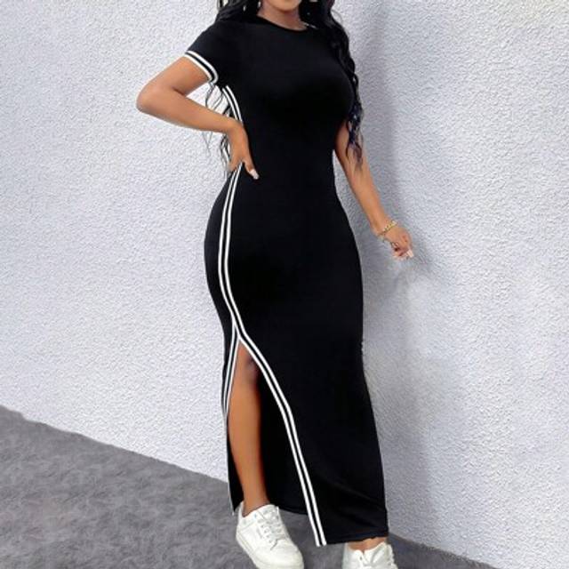 SHEIN Women&#39;s Slim Fit Round-Neck Contrasting Color Trim Split Dress For Spring And Summer Maxi Women Outfit