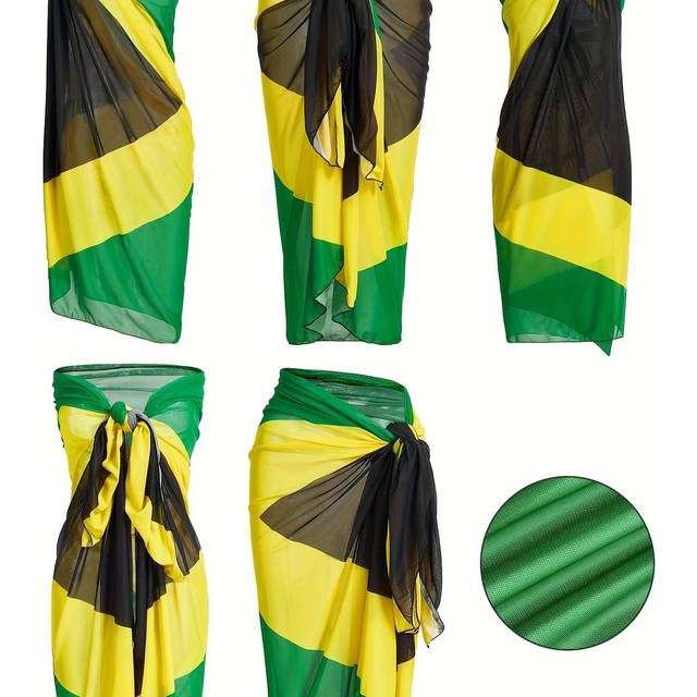 TEMU Large Boho Style Jamaica National -piece Beach Cover-up Dress - Stretchy Polyester Blend, Vibrant Red, Yellow & Green Design, Vacation & Poolside Wear, Beach Coverup Dress