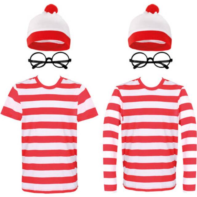 Red & white striped top adults costume book day t-shirt hat glasses find me