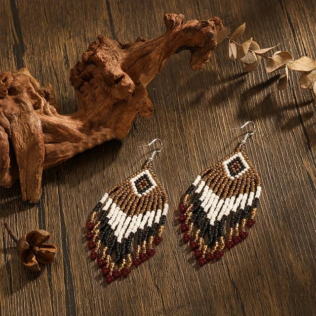 TEMU Soul Beading Handcrafted Beaded Earrings - Bohemian Style, Dark Diamond-shaped Glass Seed, Fringe Dangle Design With Copper Hooks - Women's & Holiday Gifts, Bohemian Earring