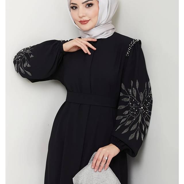 TEMU Elegant Middle Eastern-inspired Rhinestone & Pearl Embellished Long Abaya Dress - 100% Polyester Solid Black Floor-length With Belt, Hand Wash Modest Women