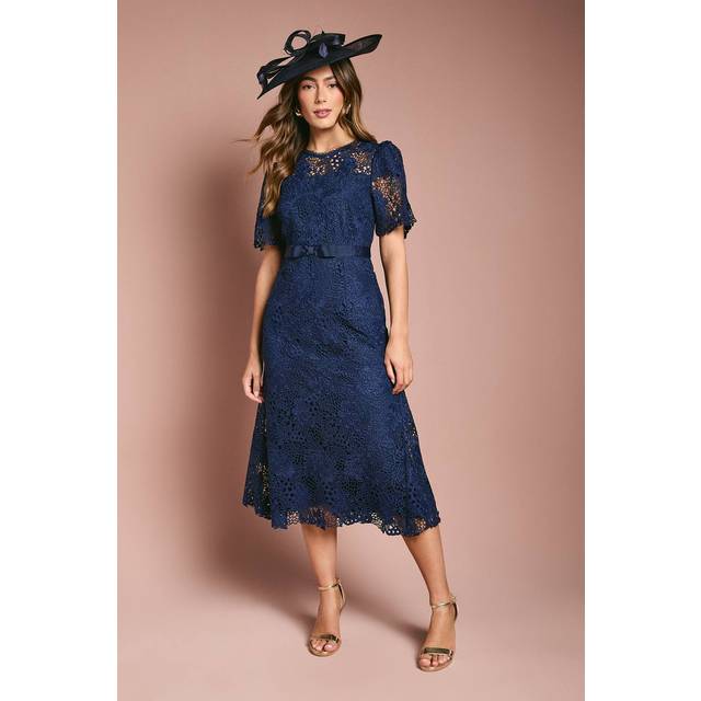 Lace Midi Dress With Bow Belt - Navy - 10