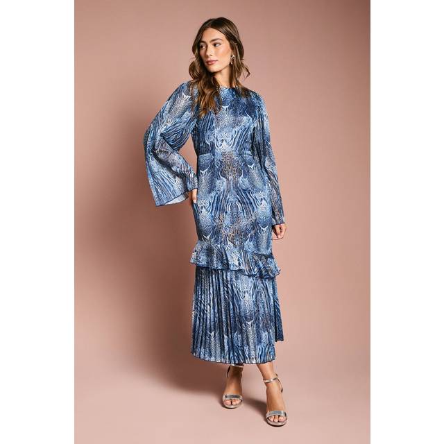 Flare Sleeve Midi Dress With Animal Print - Blue - 10
