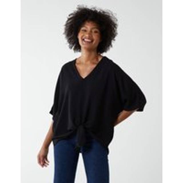 V Neck Tie Front Blouse - S/M / BLACK