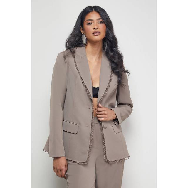 Womens Oversized Lace Frill Trim Single Breasted Blazer - Beige - 10