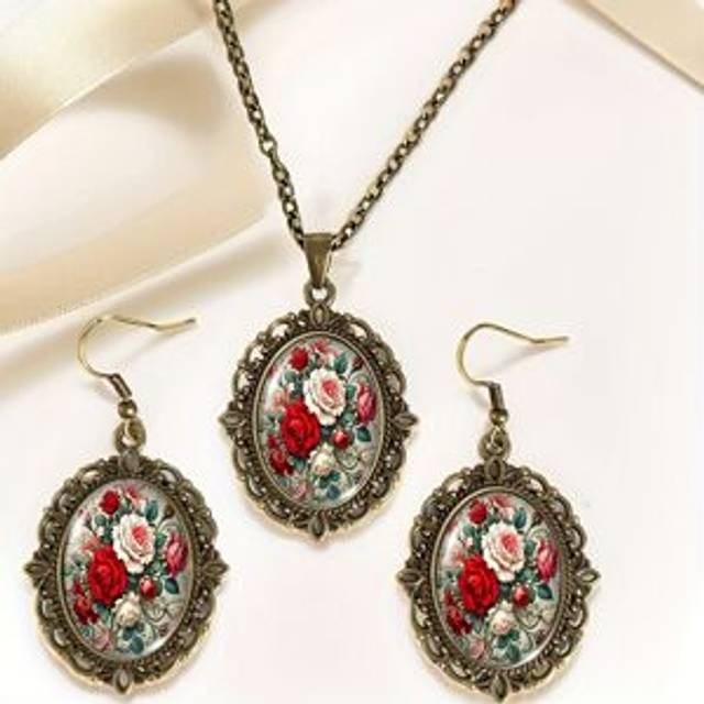 TEMU 3pcs Red And White Roses Retro Bronze Necklace Earring Set Oval Glass Cabochon Jewelry