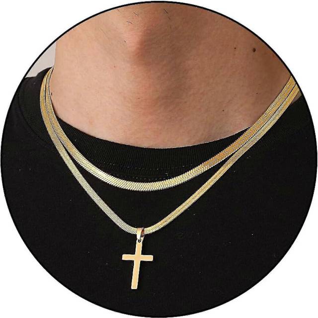 (18-20 Inch, Gold) Cross Necklace For Men Boys Women Stainless Steel Layered Herringbone Chain Cross Pendant 4mm/5mm Double Chains Christian Religious