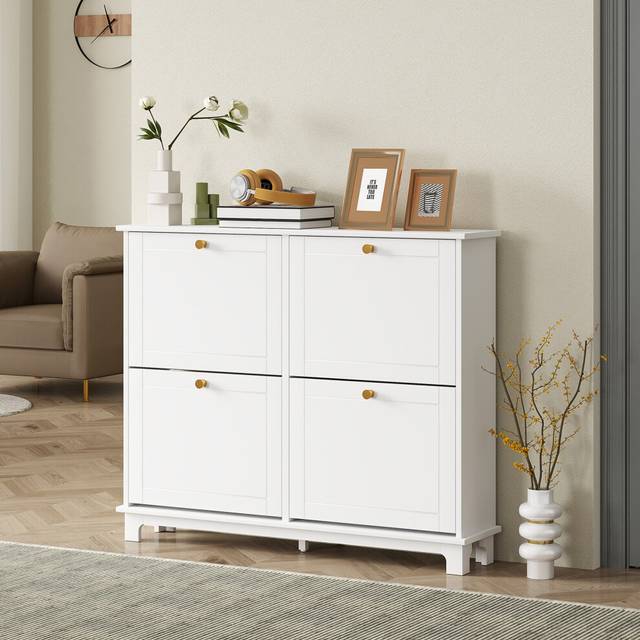 HOMCOM Narrow Shoe Cabinet with 4 Flip Drawers Adjustable Shelves, White