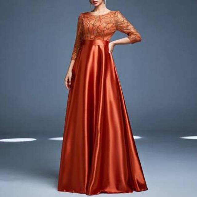 SHEIN Mgiacy New Arrival Round Neck Elegant Bridesmaid Dress Embroidery Sequin Three-Quarter Sleeve Long Dress